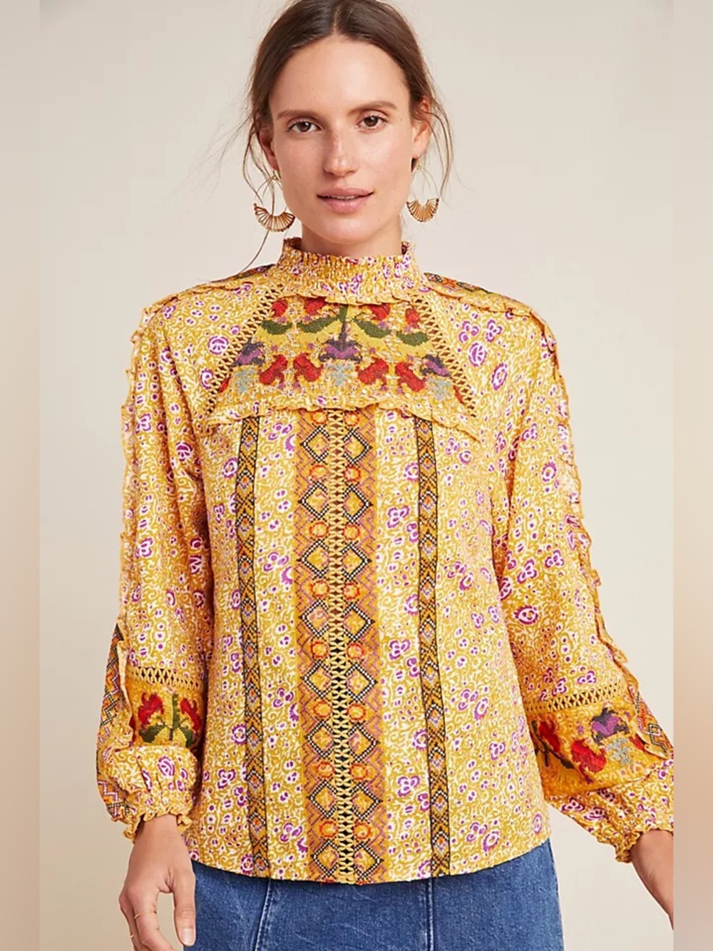 MAEVE x ANTHROPOLOGIE Goldie Embroidered Blouse in Yellow Pattern